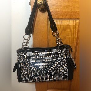 Black Studded Women's Shoulder Bag with Silver Accents